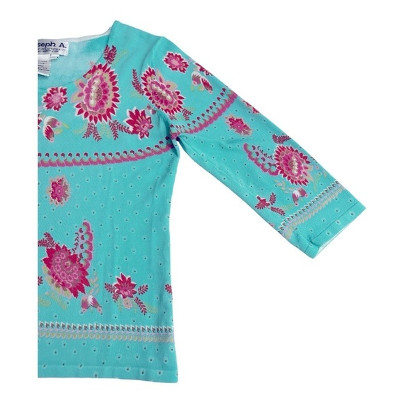 Joseph A. Teal Floral Knit Top L 3/4 Sleeve Stretch Boho Retro Mod Pattern Sz L - Picture 6 of 12